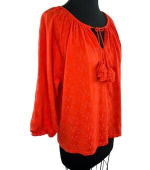 J Crew Orange Brocade Floral Keyhole Tassel Long Sleeve Peasant Top Size Large L